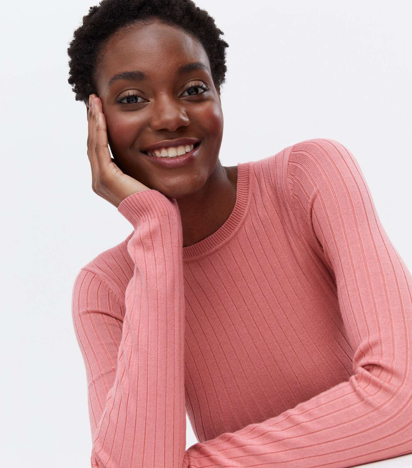 Mid Pink Ribbed Crew Neck Long Sleeve Top