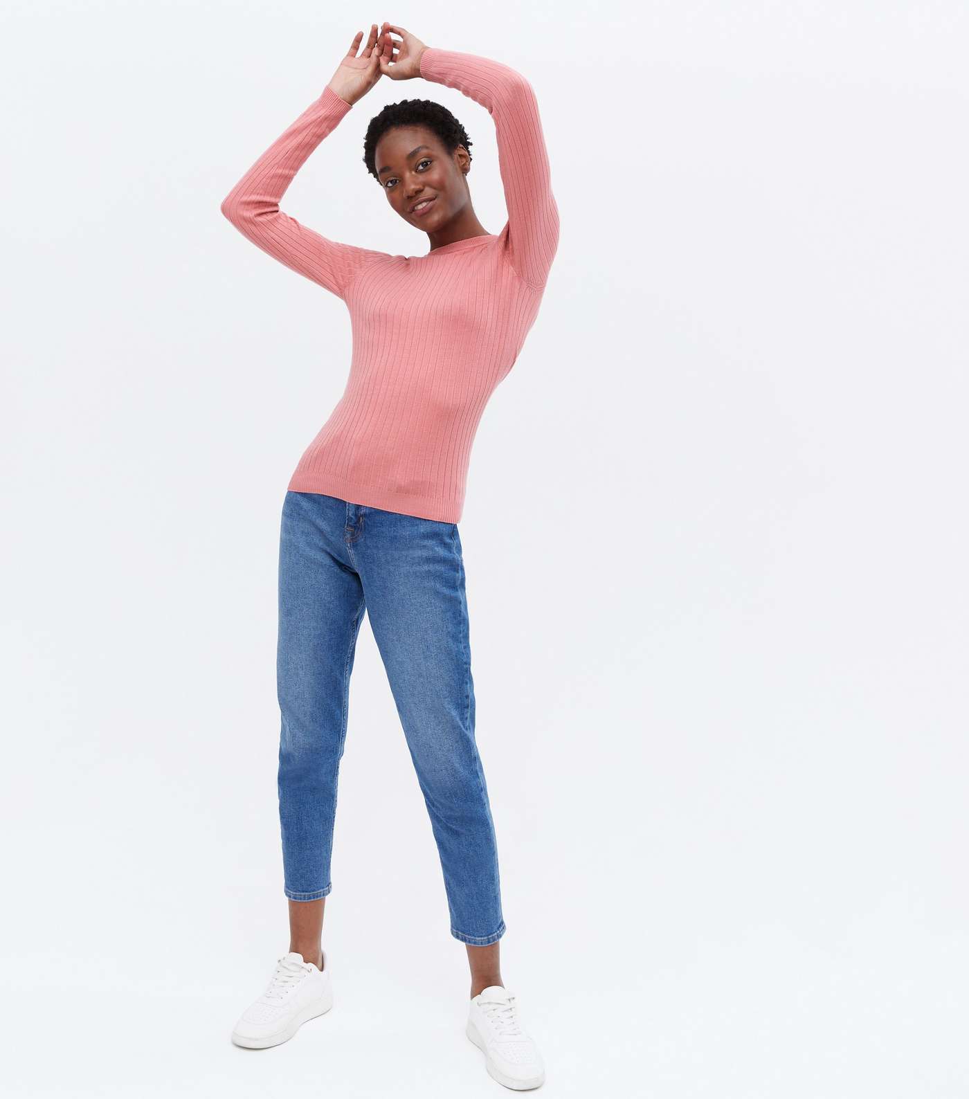 Mid Pink Ribbed Crew Neck Long Sleeve Top Image 3