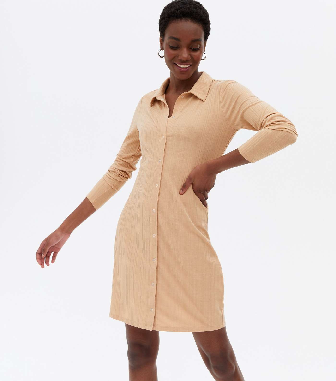 Camel Ribbed Popper Front Collared Mini Dress