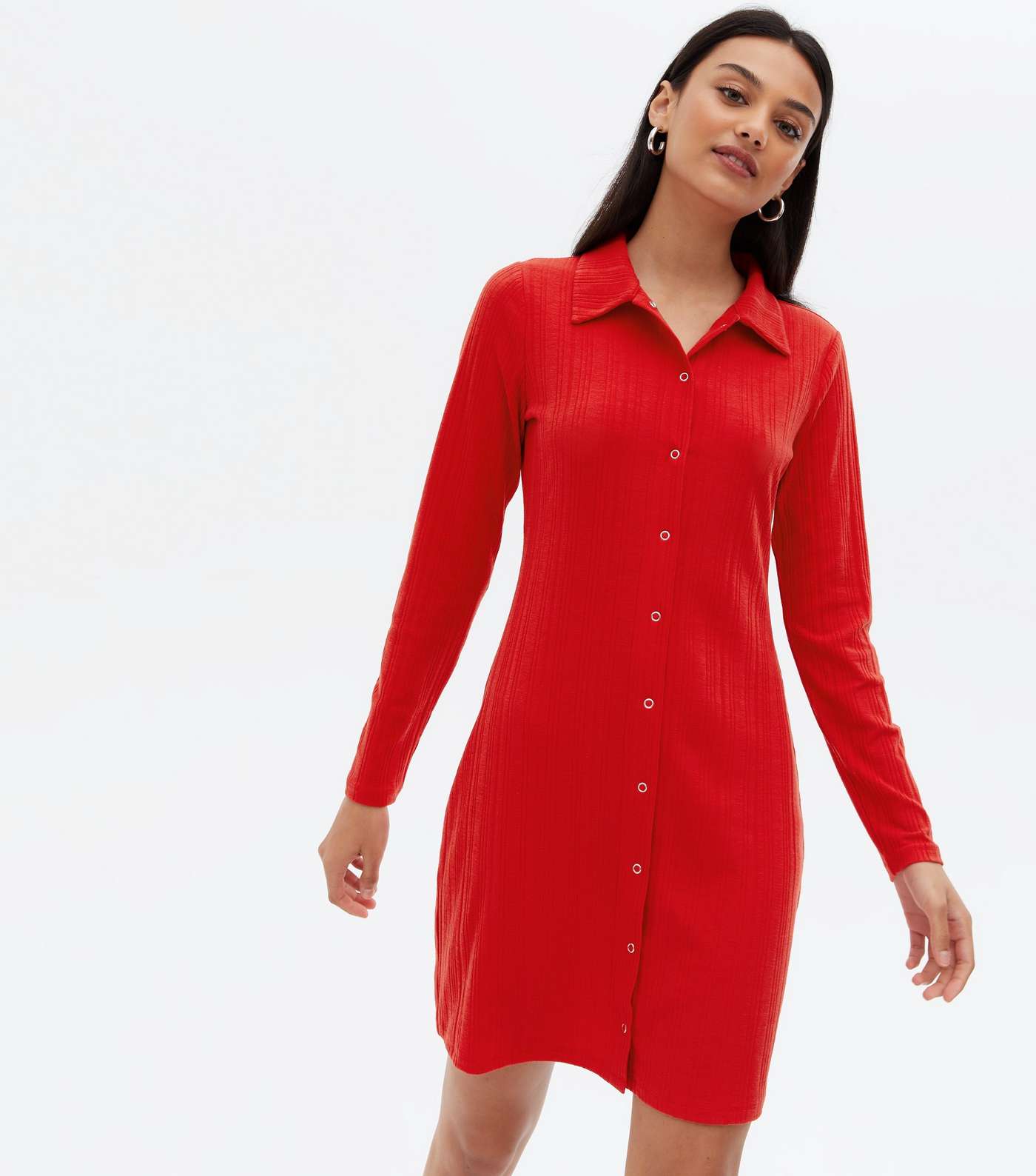Red Ribbed Popper Front Collared Mini Dress