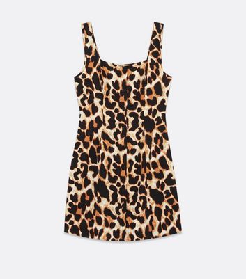 Brown Leopard Print Button Pinafore Dress New Look