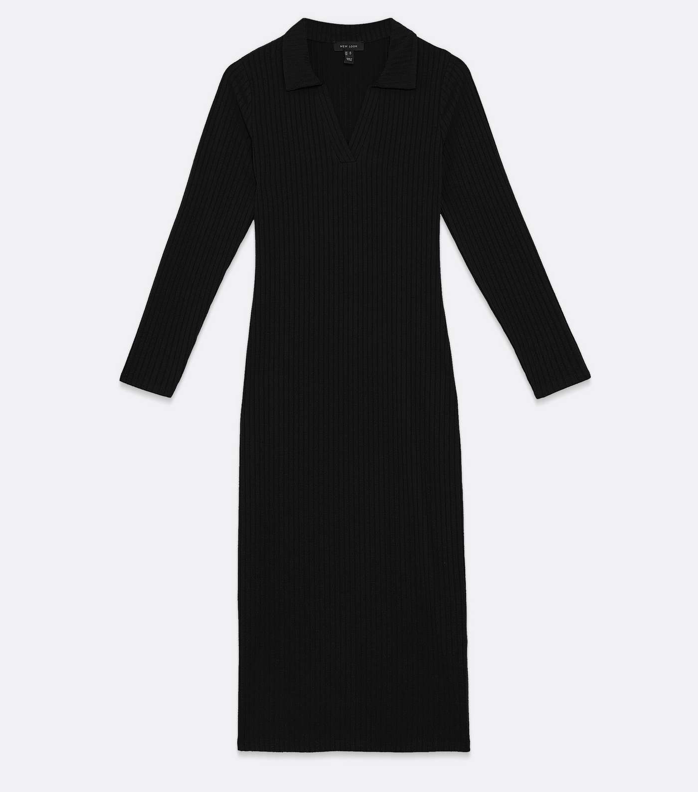 Black Ribbed Collared Long Sleeve Midi Dress Image 5
