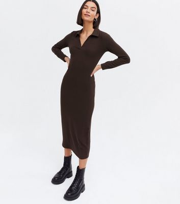 Dark Brown Ribbed Collared Long Sleeve Midi Dress