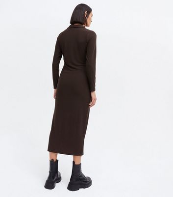 Dark Brown Ribbed Collared Long Sleeve Midi Dress New Look