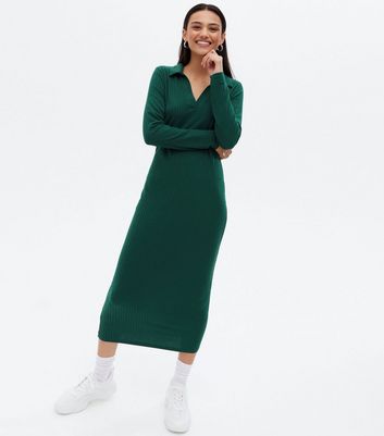 Dark Green Ribbed Collared Long Sleeve 