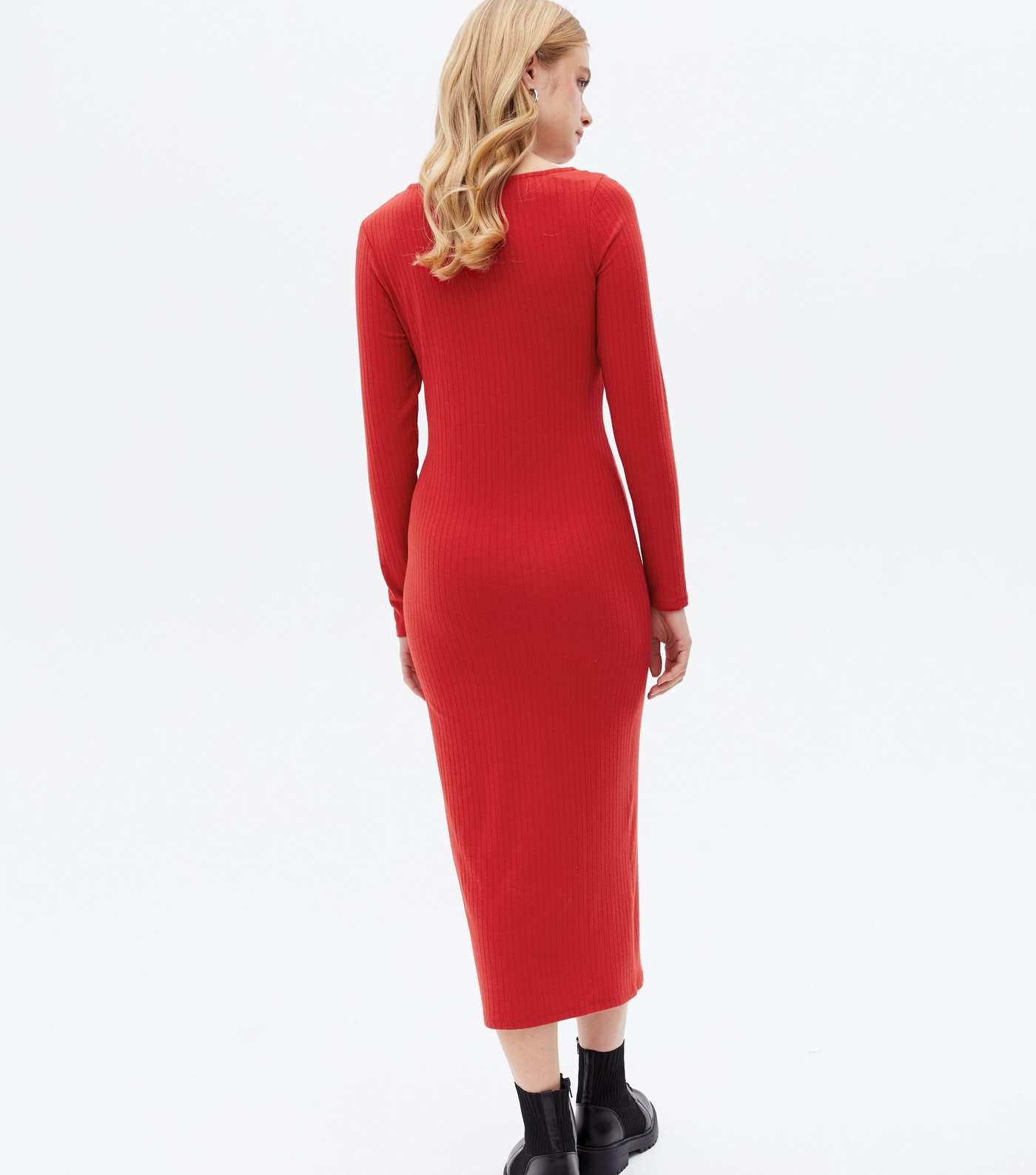 Red Ribbed Asymmetric Long Sleeve Midi Dress Image 4