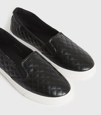 Click to view product details and reviews for Black Leather Look Quilted Slip On Trainers New Look Vegan.