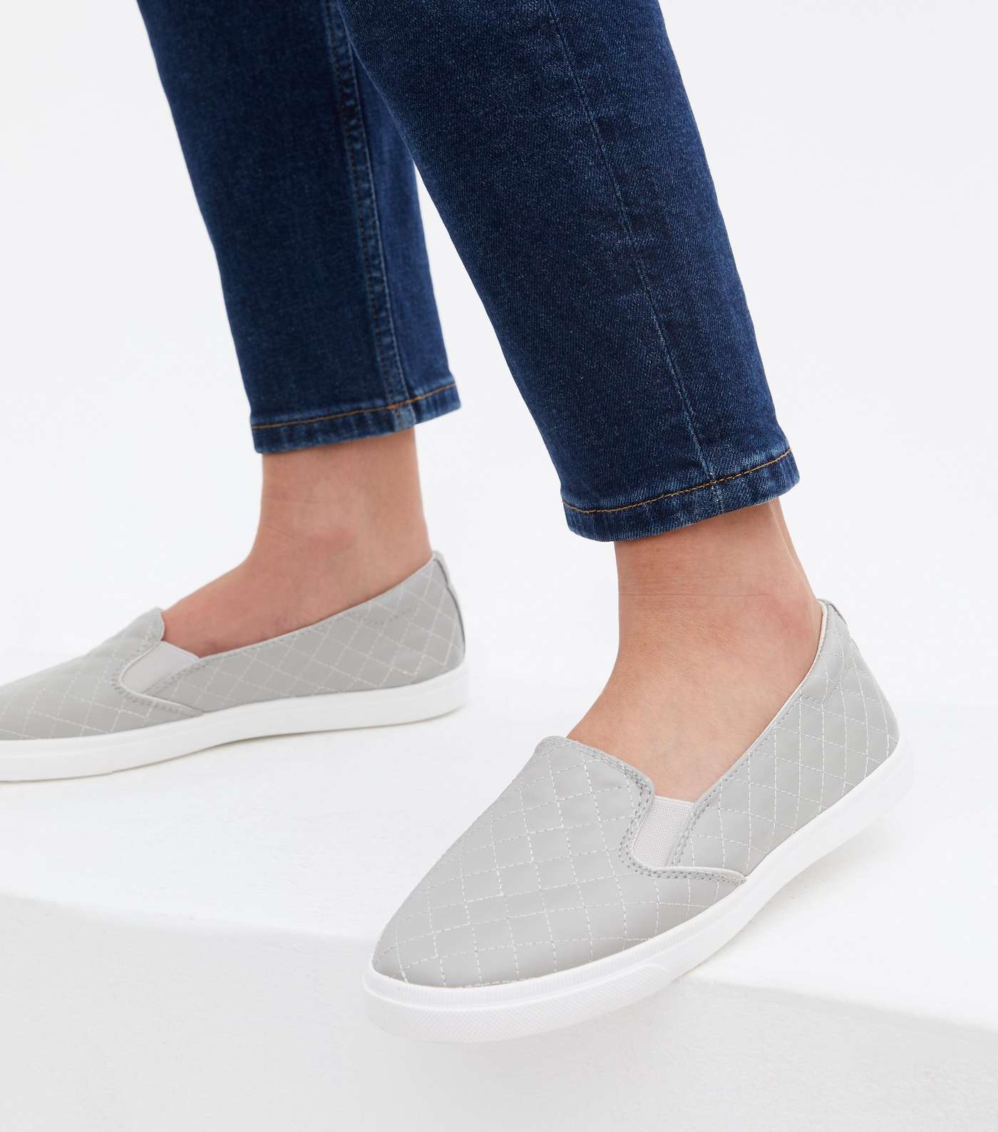 Grey Leather-Look Quilted Slip On Trainers Image 2