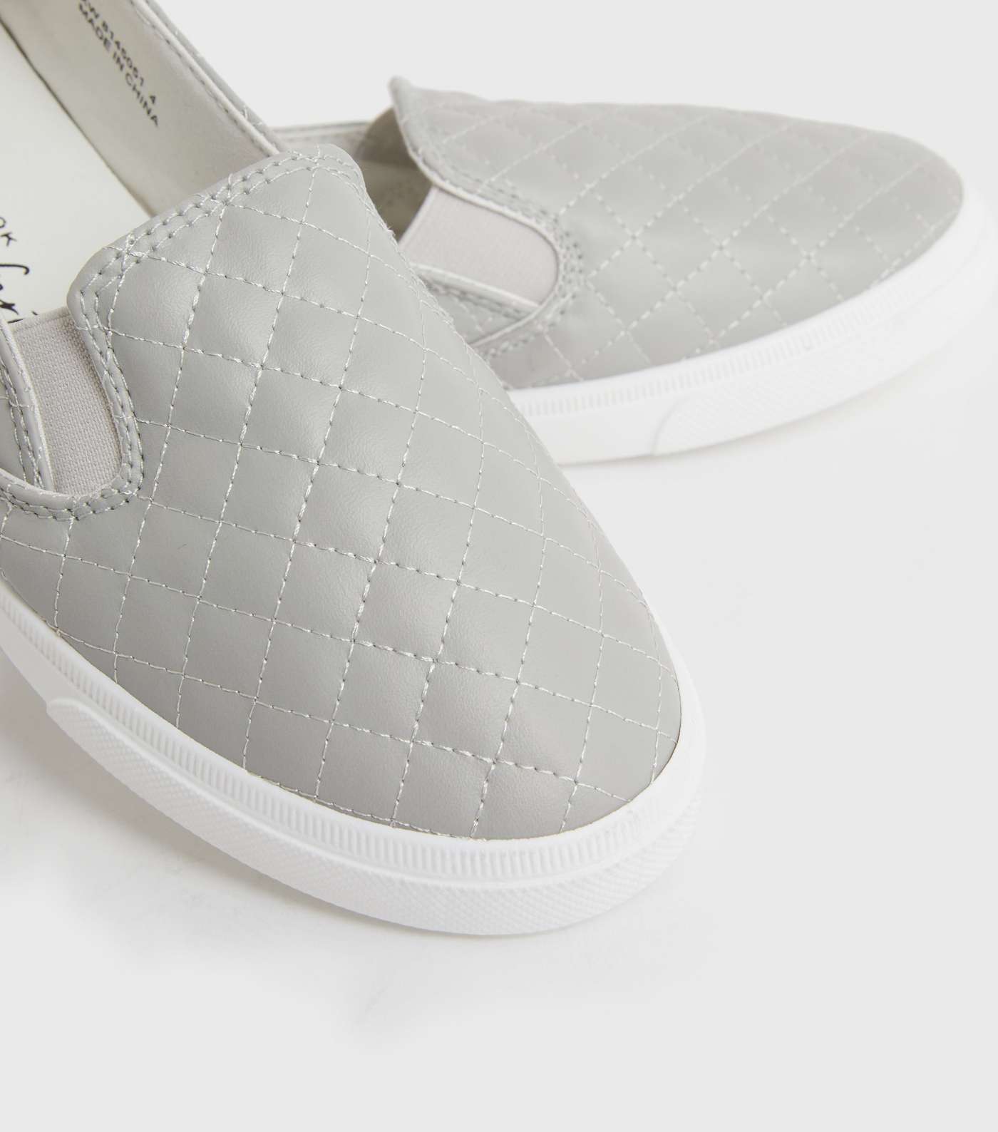 Grey Leather-Look Quilted Slip On Trainers Image 4