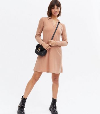 Camel Ribbed Polo Collared Mini Dress New Look