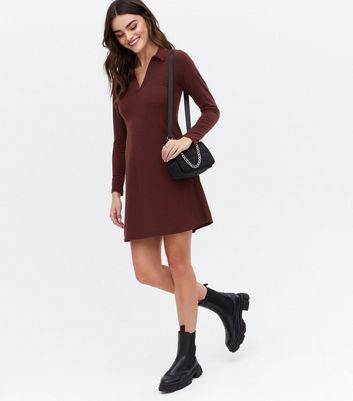 Dark Brown Polo Collared Mini Dress 