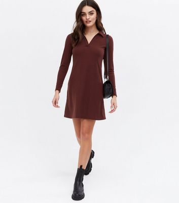 Dark Brown Polo Collared Mini Dress New Look