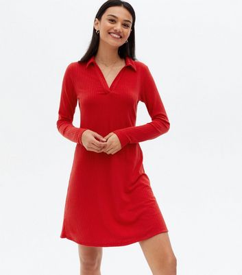 Red Ribbed Polo Collared Mini Dress New Look