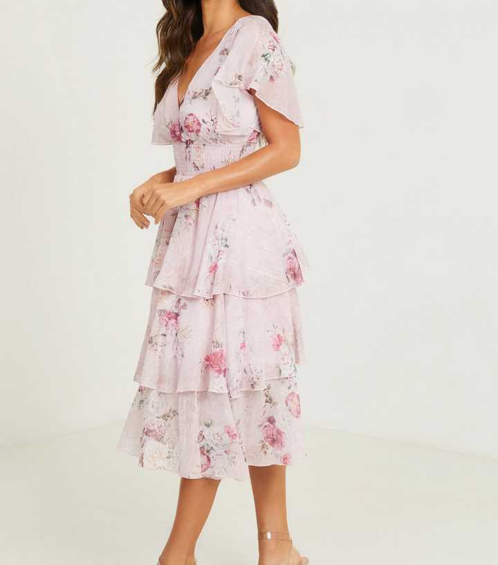 Quiz Pink Floral Cap Sleeve Midaxi Dress With Ruffle Hem atelieryuwa