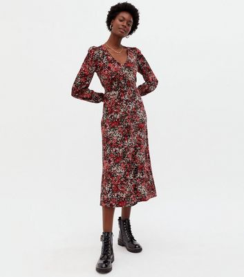 Red Floral Jersey Shirred V Neck Midi Dress