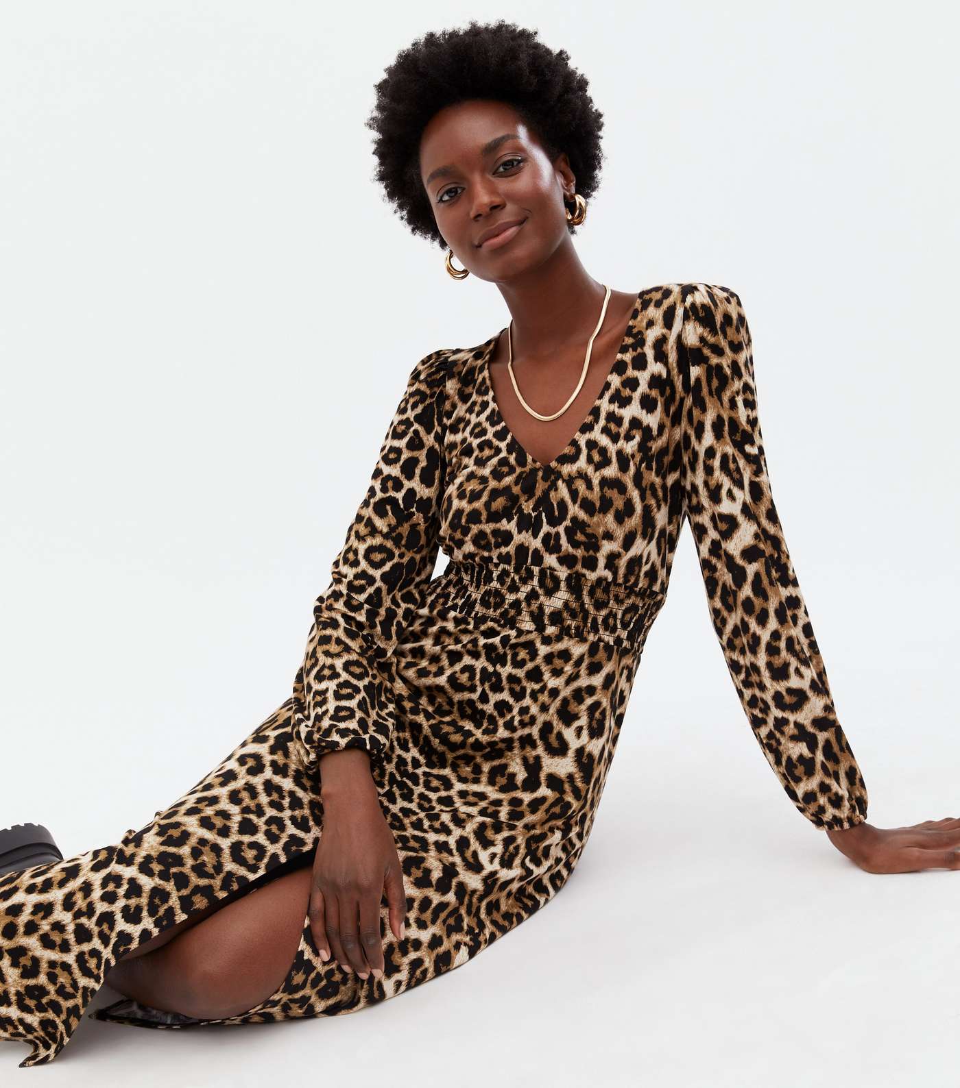 Brown Leopard Print V Neck Shirred Midi Dress