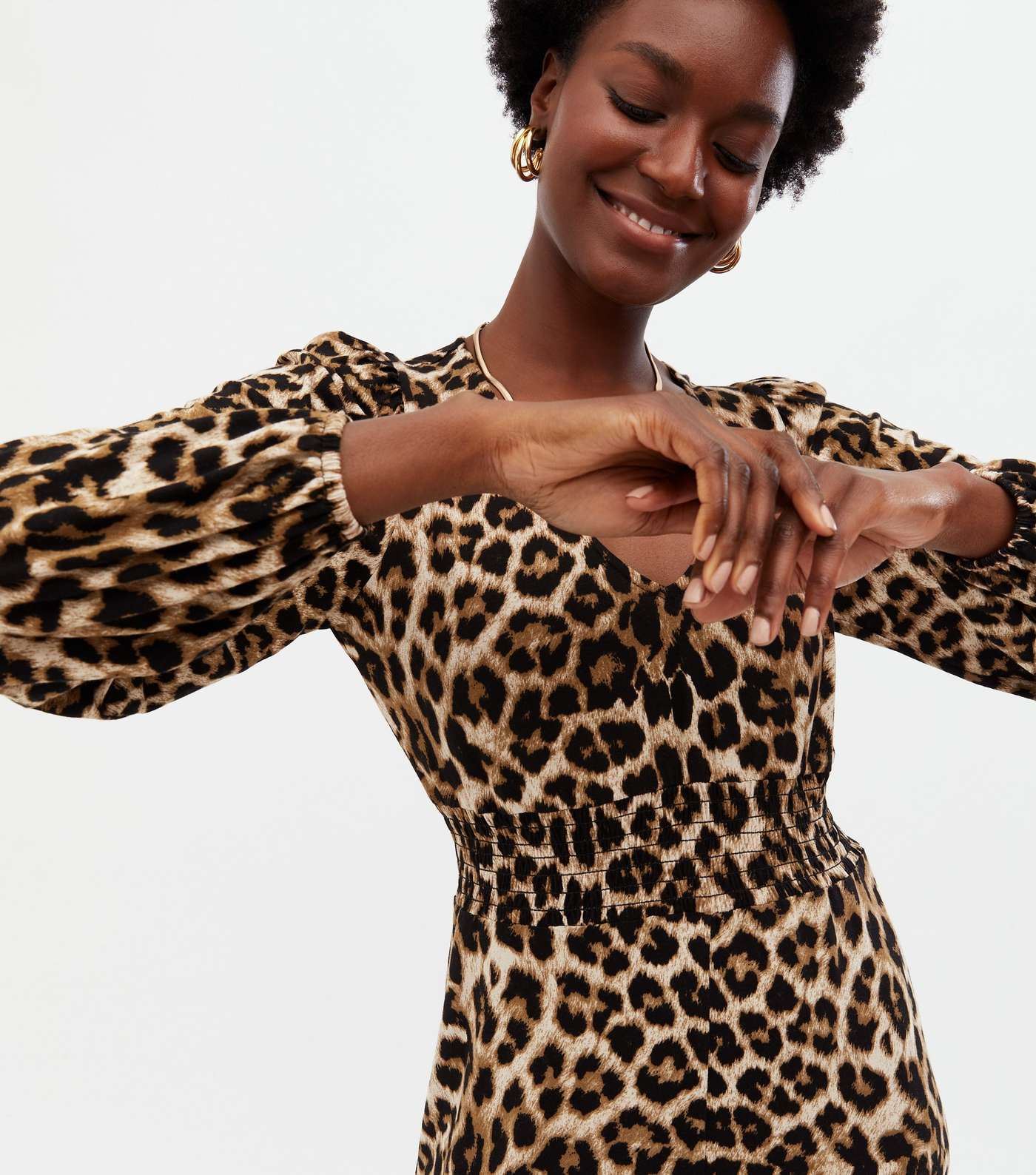 Brown Leopard Print V Neck Shirred Midi Dress Image 3