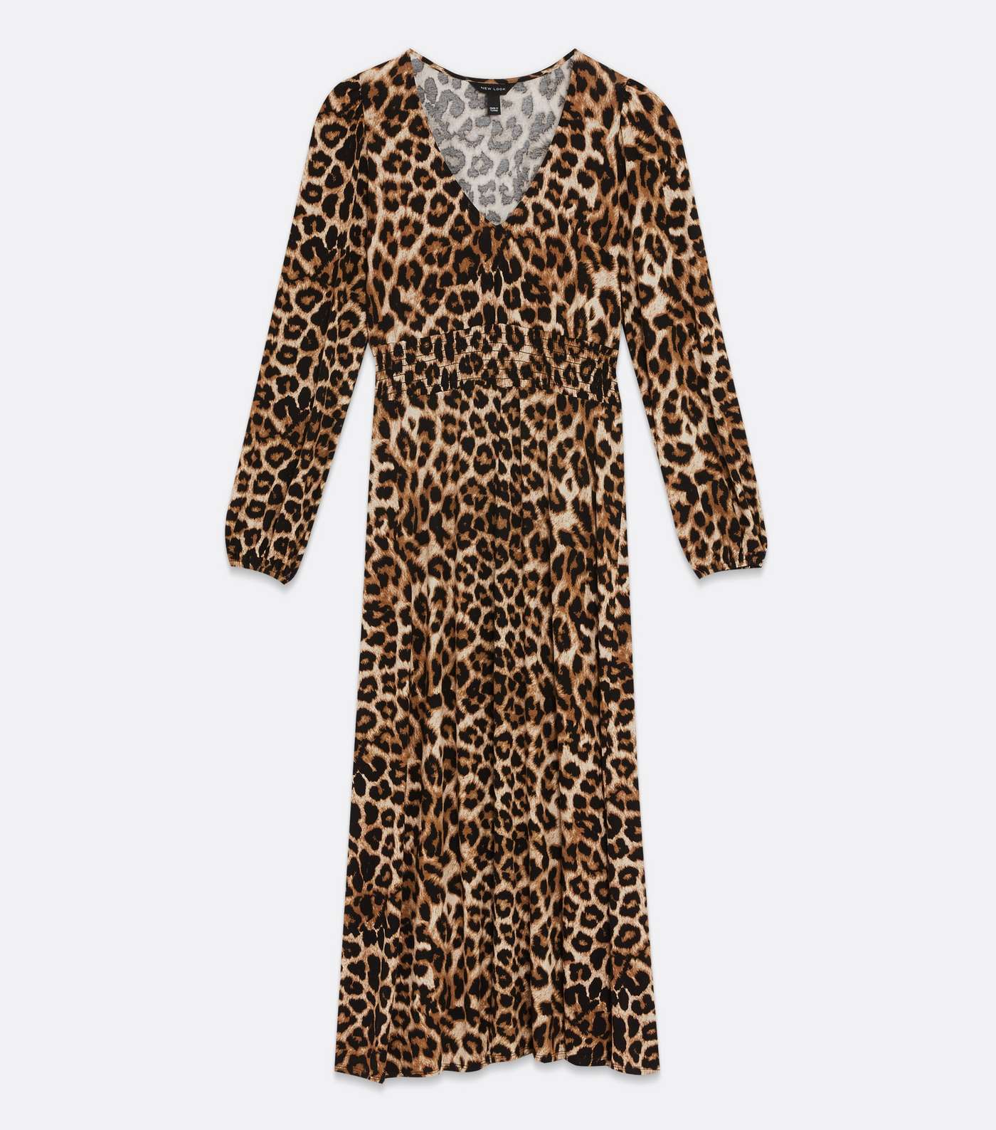 Brown Leopard Print V Neck Shirred Midi Dress Image 5