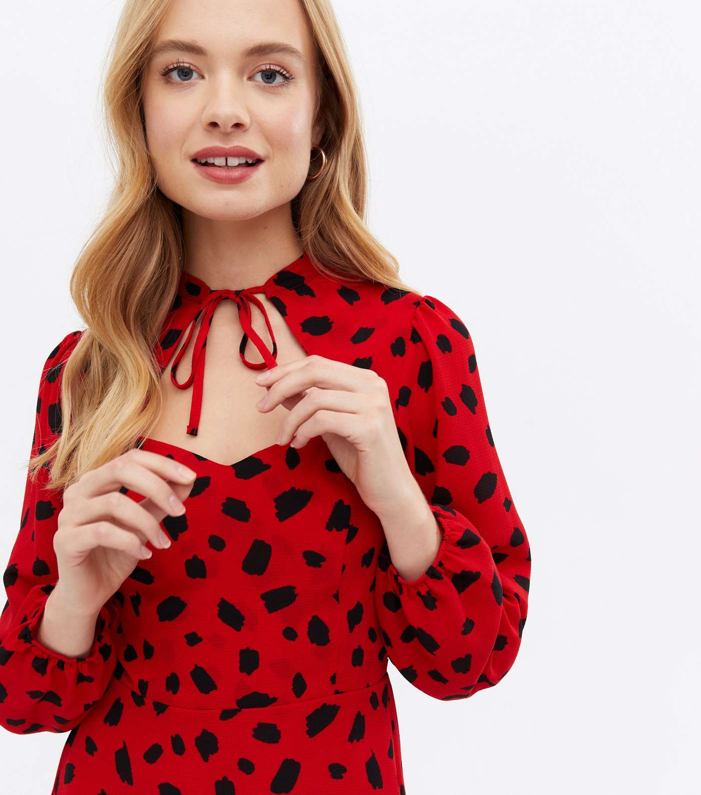 Red Leopard Print Tie Neck Cut Out Mini Tea Dress Image 3