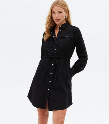 Click to view product details and reviews for Black Denim Tie Waist Mini Shirt Dress New Look.