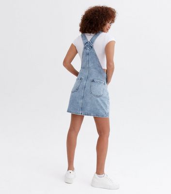 Blue Denim Pocket Front Pinafore Dress New Look