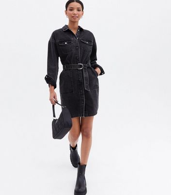 black denim belted dress