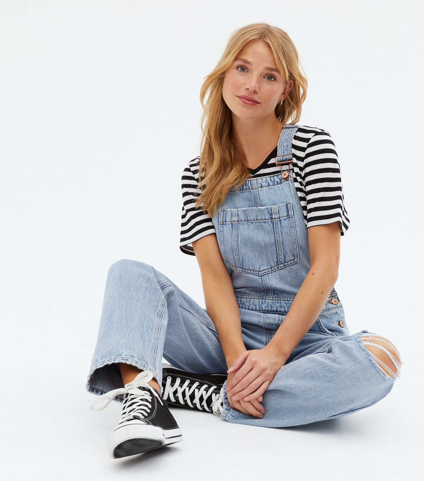 Bright Blue Denim Ripped Dungarees