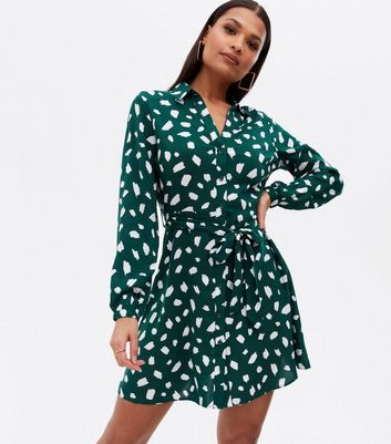 Green Animal Print Tie Waist Mini Shirt Dress New Look