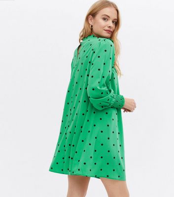 Green Spot Frill Yoke High Neck Mini Dress | New Look