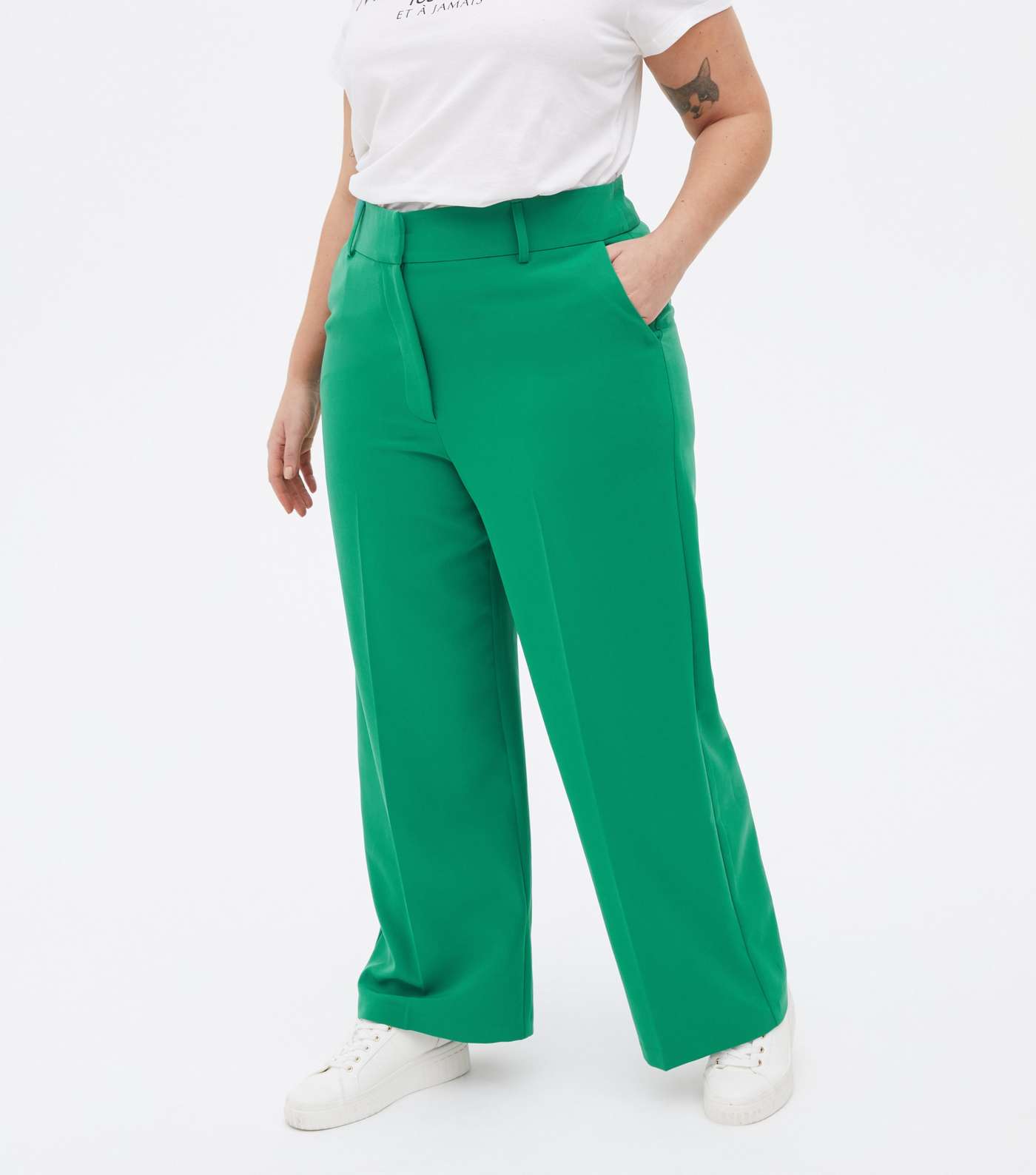 Curves Green Tailored Wide Leg Trousers Image 2