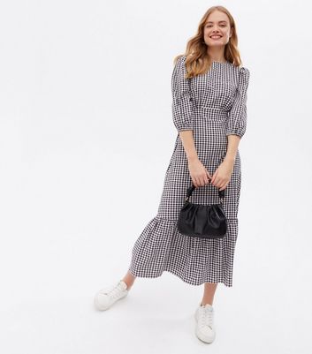 Black Gingham Tiered Puff Sleeve Midi Dress