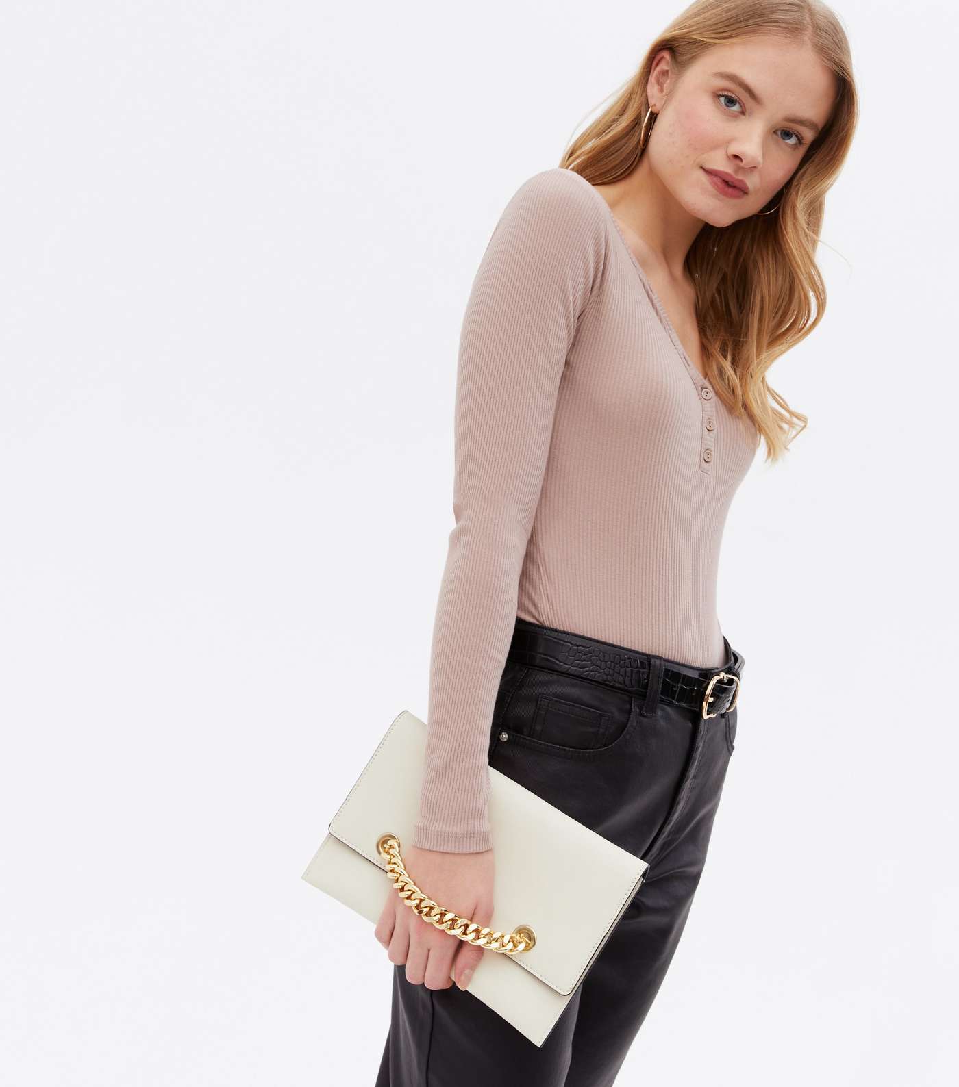Cream Leather-Look Chain Clutch Bag Image 2