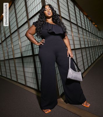 Curves Black Abstract Jersey Belted Jumpsuit | New Look