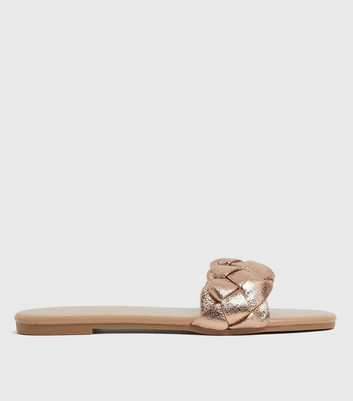 Wide Fit Rose Gold Plaited Open Toe Sliders