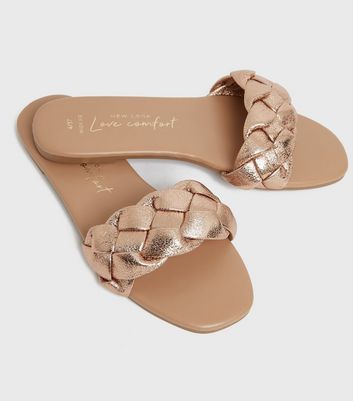 Wide Fit Rose Gold Plaited Open Toe Sliders | New Look