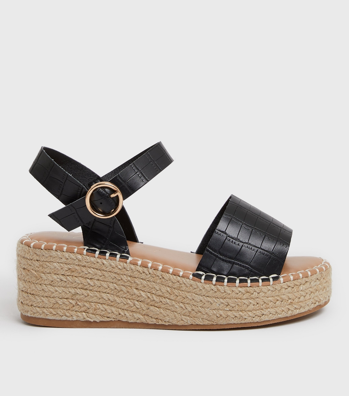Women's Wide Fit Black Faux Croc Espadrille Chunky Sandals Vegan New Look