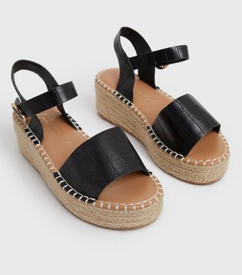 Wide Fit Black Faux Croc Espadrille Chunky Sandals New Look Vegan