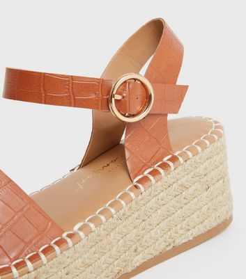 shop for Wide Fit Tan Faux Croc Espadrille Chunky Sandals New Look Vegan at Shopo