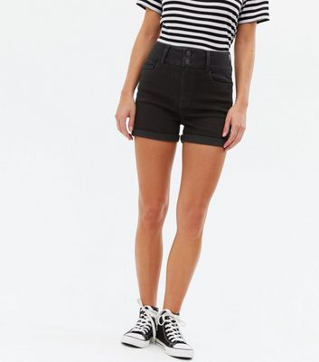 Black Denim 2 Button High Waist Shorts 