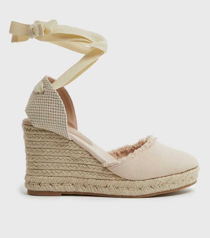 Cream Canvas Frayed Espadrille Wedges