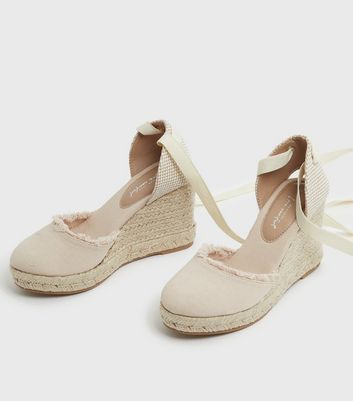 Cream Canvas Frayed Espadrille Wedges 