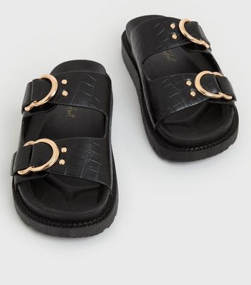 Black Faux Croc Double Buckle Chunky 