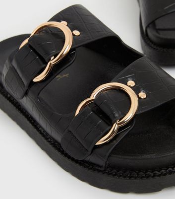 shop for Black Faux Croc Double Buckle Chunky Sliders New Look Vegan at Shopo