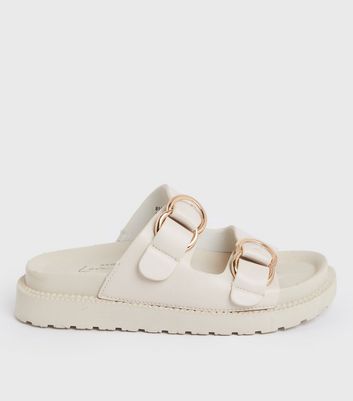 Click to view product details and reviews for Off White Double Buckle Chunky Sliders New Look Vegan.