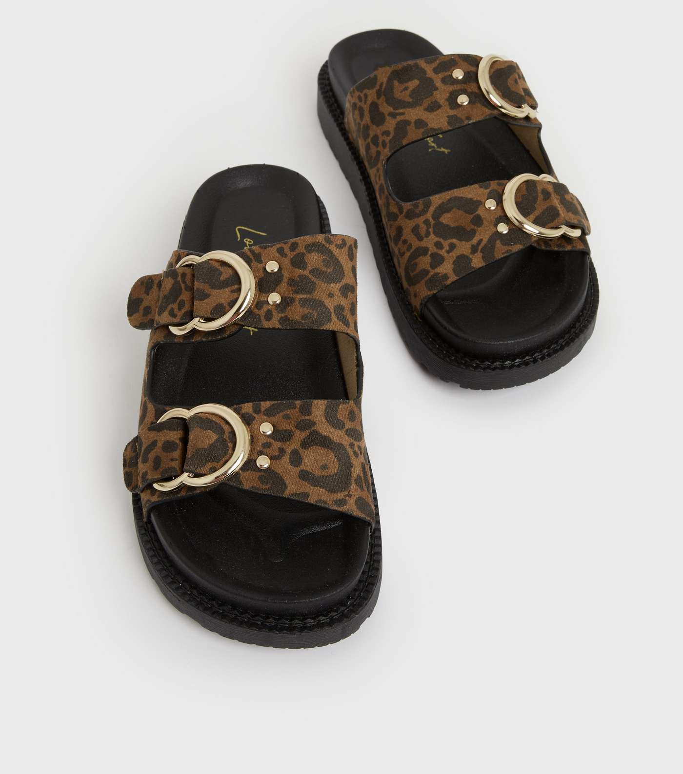Brown Leopard Print Suedette Chunky Sliders Image 3