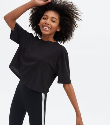 Girls Black Drop Shoulder Boxy T-Shirt 