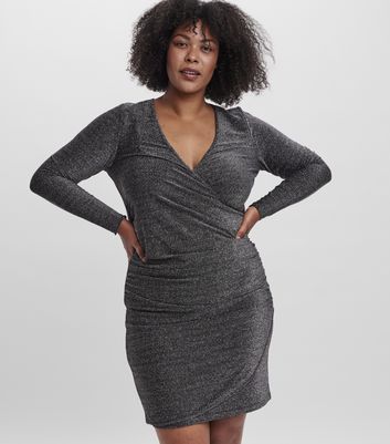 Vero Moda Curves Silver Glitter Mini Wrap Dress New Look