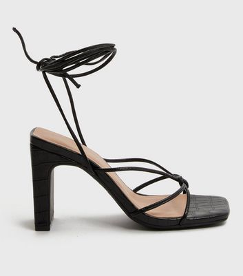 Black Faux Croc Strappy Ankle Tie Block Heel Platform Sandals New Look Vegan