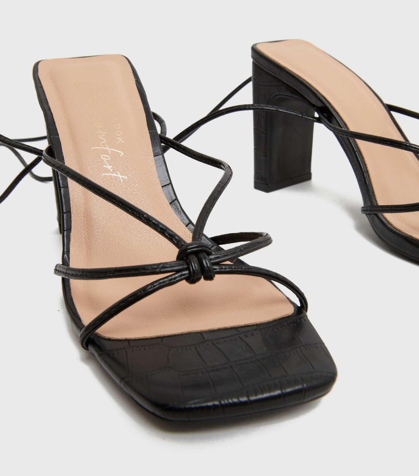 Black Faux Croc Strappy Ankle Tie Block Heel Platform Sandals Image 4