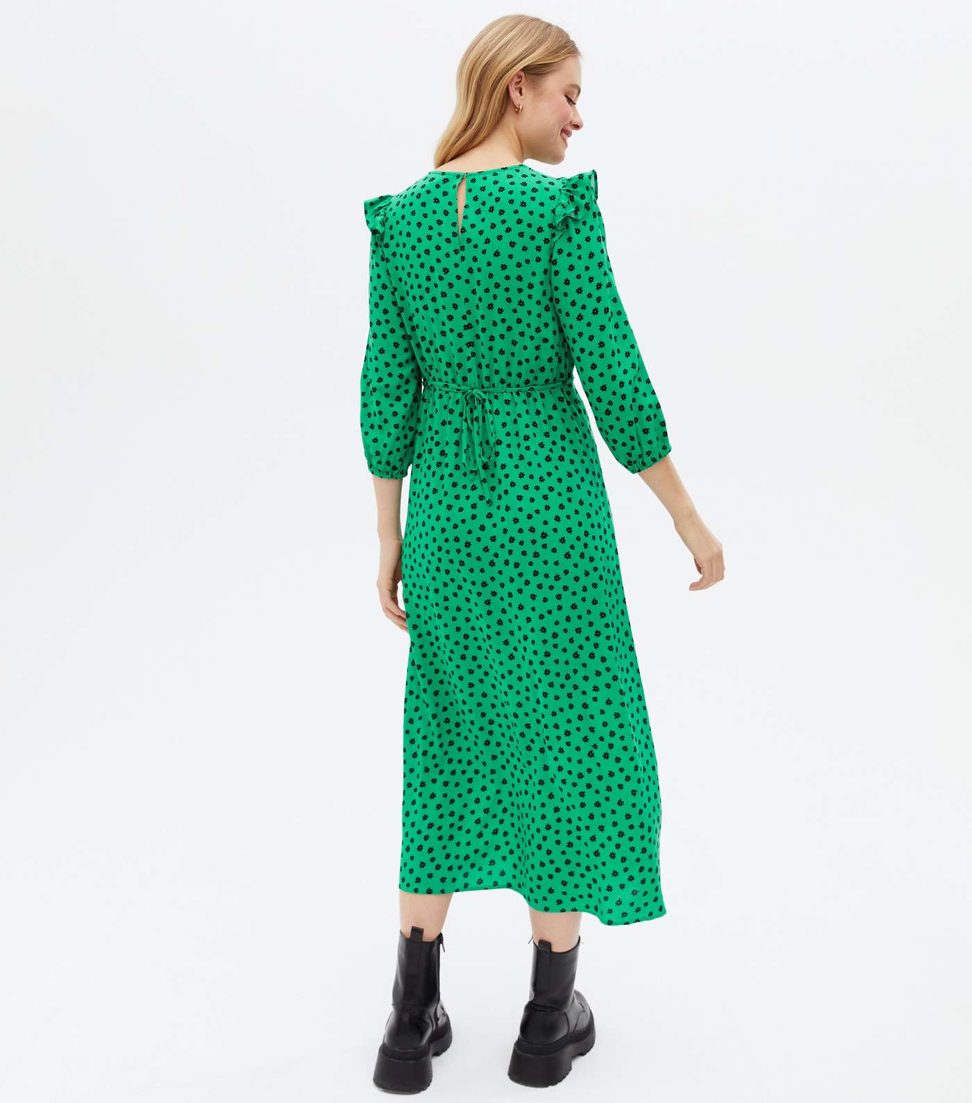 Green Floral Crepe Frill Midi Dress Image 4